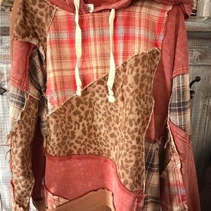 BKE Red Plaid & Leopard Mix Hooded Pullover